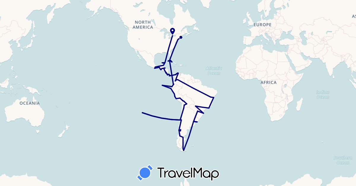 TravelMap itinerary: driving in Argentina, Bolivia, Brazil, Canada, Chile, Colombia, Costa Rica, Cuba, Ecuador, Guatemala, Honduras, Mexico, Nicaragua, Panama, Peru, United States, Uruguay (North America, South America)