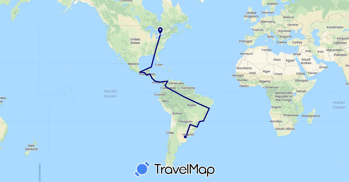 TravelMap itinerary: driving in Argentina, Brazil, Canada, Colombia, Costa Rica, Guatemala, Honduras, Mexico, Nicaragua, Panama, Uruguay (North America, South America)
